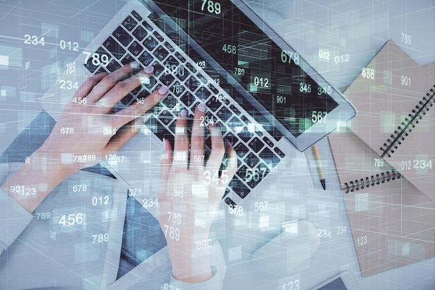 double exposure of woman hands working on computer and data theme hologram drawing top view technology concept