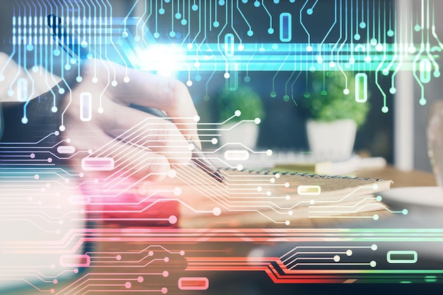 Double exposure of woman's hands on background with technology and digital coding icons Data development concept Close up