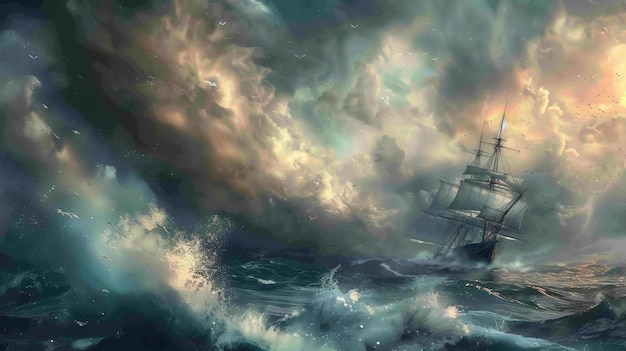 Dramatic seascape with a ship navigating through turbulent waves and stormy skies depicting the power of nature and maritime adventure