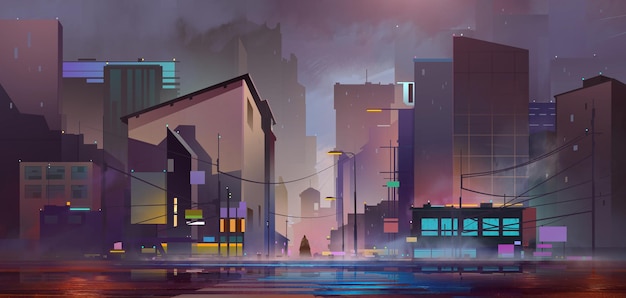 Drawn colored city street at night in fog in neon light