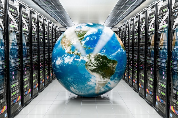 earth globe inside data center server room global internet concept 3d rendering
