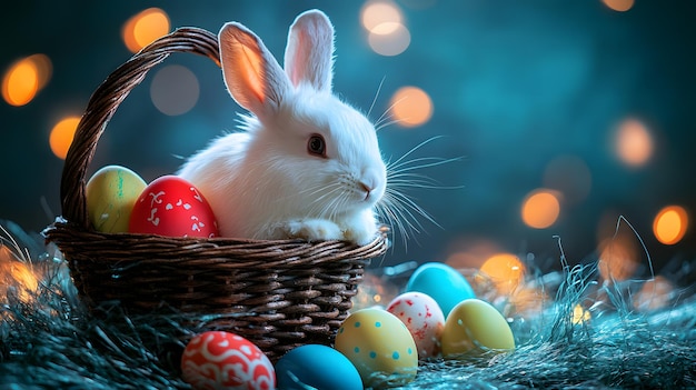 Easter Bunny with Colorful Eggs in a Basket