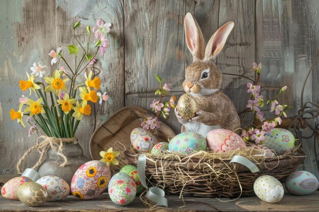 Easter holiday scene with colorful eggs spring flowers and a bunny figurine on a wooden background