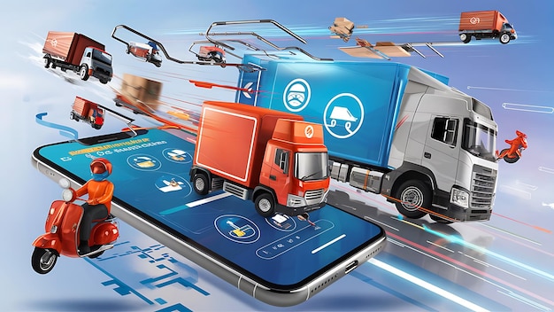 Ecommerce concept Delivery service on mobile application Transportation delivery by truck or scooter 3d rendering