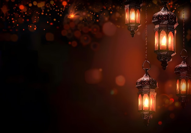 Eid Al Adha Mubarak greetings with Islamic lanterns hanging on dark background copy space Islam