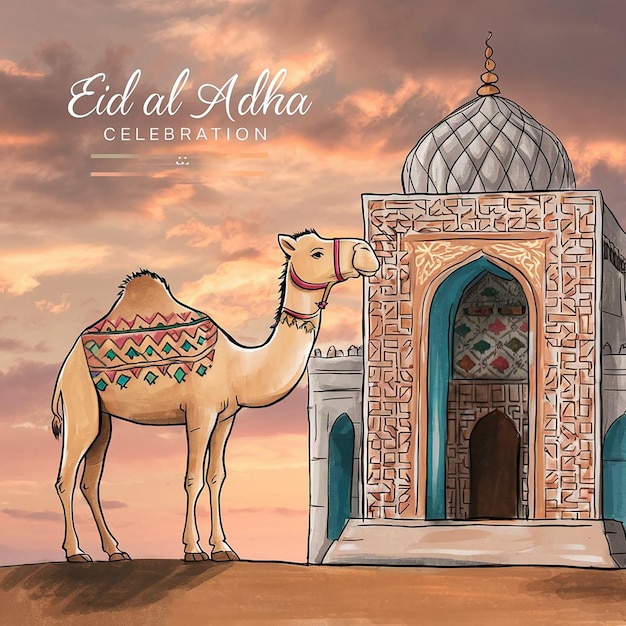 eid al adha with a camel and a mosque