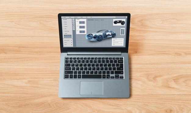 electric car design software on computer screen show simulation blueprint snugly