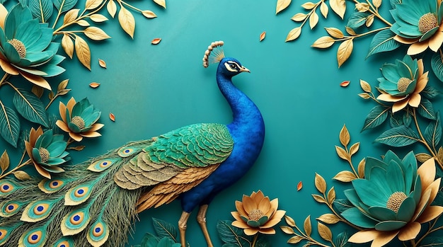 Elegant Peacock amidst Teal Floral and Golden Foliage