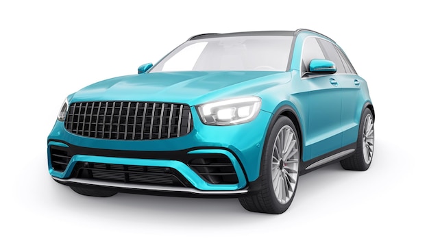 En kostbar, ultrarask sports-SUV for spennende kjøring i byen, på motorveien og på racerbanen. 3D-modell av en blå bil på en hvit, isolert bakgrunn, 3D-rendering