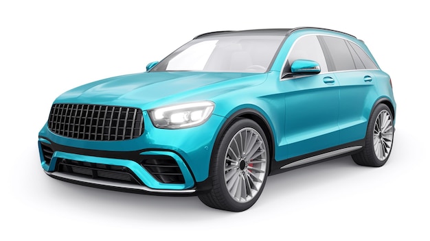 En kostbar, ultrarask sports-SUV for spennende kjøring i byen, på motorveien og på racerbanen. 3D-modell av en blå bil på en hvit, isolert bakgrunn, 3D-rendering