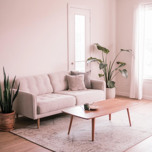 En stue med en sofa og en plante på bordet