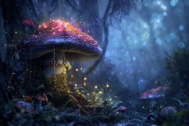 Enchanted forest scene with illuminated mushrooms