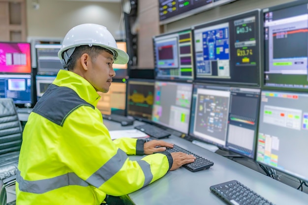 engineer working at control roommanager control systemtechnician man monitoring program from a lot of monitor