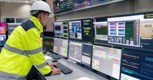 Engineer working at control roomManager control systemTechnician man monitoring program from a lot of monitor