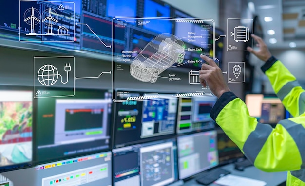 Engineer working at control roomManager control systemTechnician man monitoring program from a lot of monitor