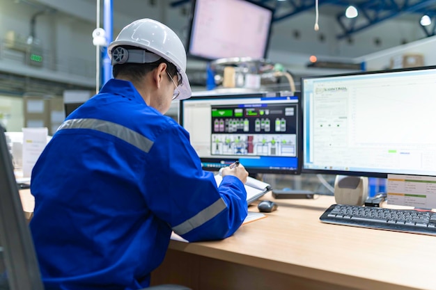 Engineer working at control roomManager control systemTechnician man monitoring program from a lot of monitor