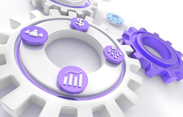 erp enterprise resource planning web banner 3d render productivity and improvement system development business integration strategy office icons on cogwheel or gear close up