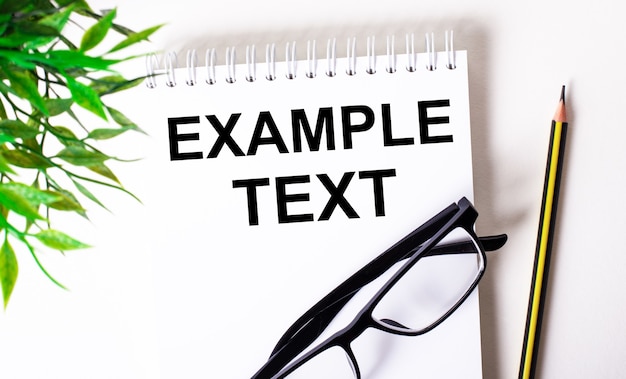 EXAMPLE TEXT is written in a white notebook next to a pencil, black-framed glasses and a green plant.