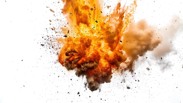 Explosion with orange smoke cloud on a white background