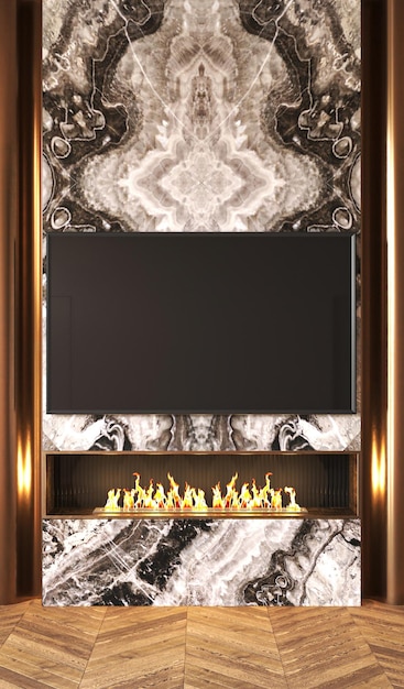 Exquisite interior design with a mesmerizing marble backdrop accentuated by a modern fireplace