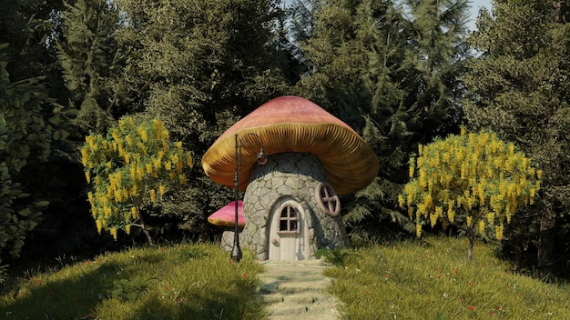 Fabulous beautiful mushroom house in field Small house of gnome in form of mushroom on background of forest 3d render