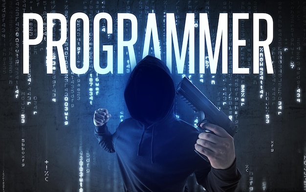 Faceless hacker with inscription