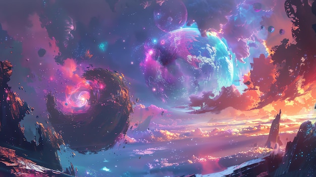 fantasy landscape with a view of two planets the sky is filled with bright colorful clouds and shining stars