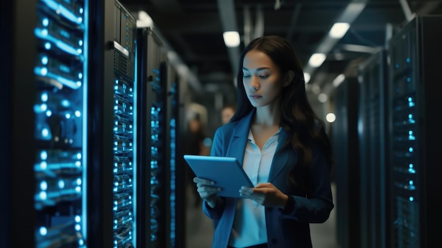 Female Data Center IT Specialist Using Tablet Computer Turning Augmented VFX Visualization on Serve