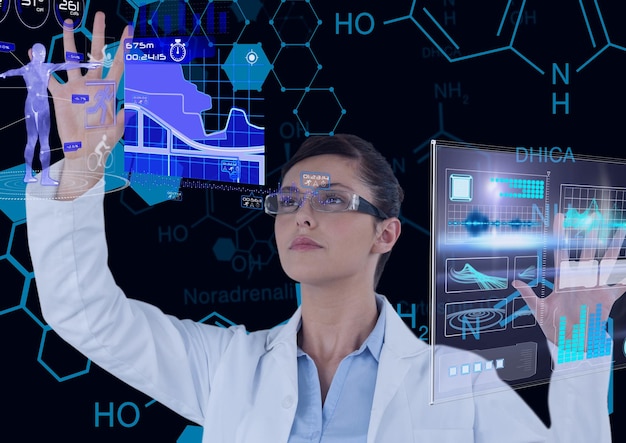 Female doctor touching screen with scientific data processing and human body. global medicine science and technology concept digitally generated image.