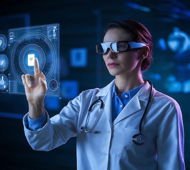 female doctor with smart glasses touching virtual screen