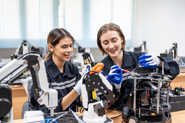 Female Engineer check and control automation robot arms machine in intelligent factory industrial on real time monitoring system software robotics and digital manufacturing operation