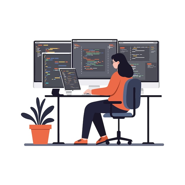 female programmer working at multiple monitors in flat design vector illustration