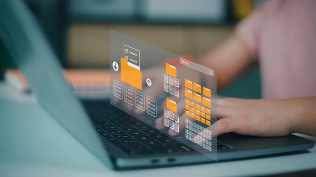 File storage and archiving ERP Folder structure Online document document management system DMS business process automation technology Businesswomen working with document icon on virtual screen