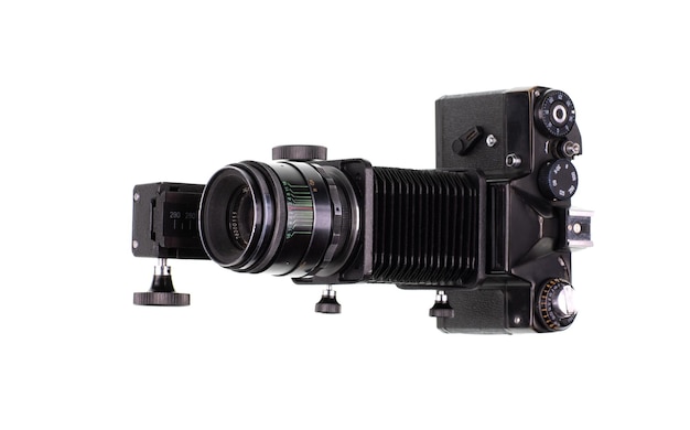 film retro camera with macro bellows isolated on white background