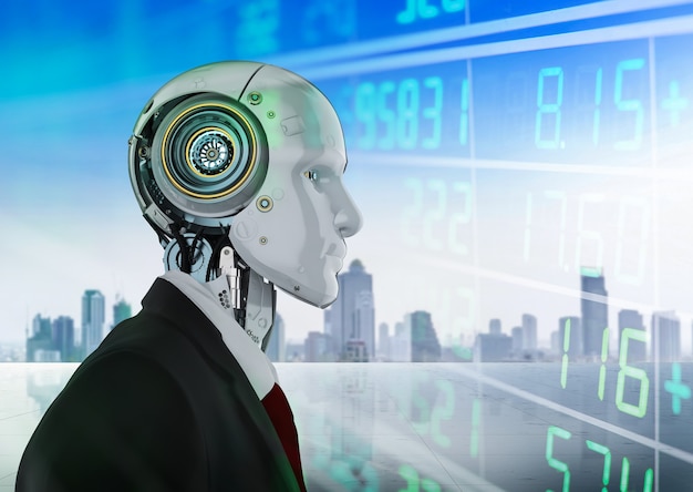 Financial technology concept with robot analyze stock market