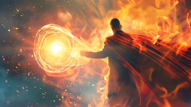 firestarter a superhero with the ability to control fire he is using his powers to create a fireball to attack his opponent