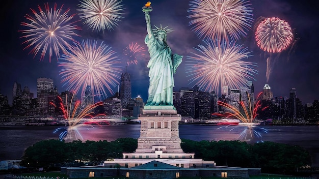 fireworks display over the statue of liberty and the statue of liberty
