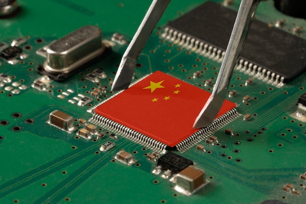 Flag of China on a processor CPU Central processing Unit or GPU microchip on a motherboard China is world's largest chip manufacturer demonstrating the country's superiority in global supply chain