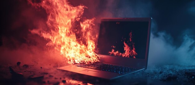 Flaming laptop smoky background data loss concept