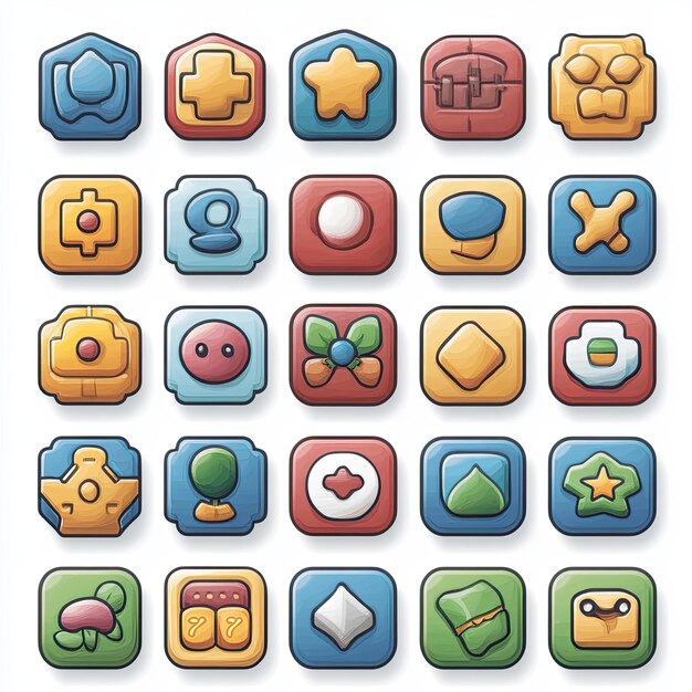 Flat vector icon set for a gaming app featuring icons for different types of game genres like action adventure and puzzle