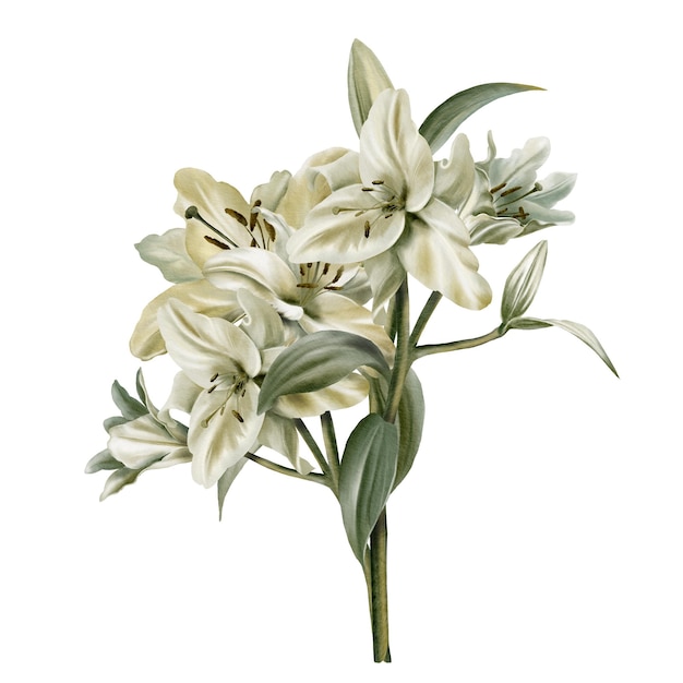 Flower bouquet of a white Lilies flowerWatercolor illustrationisolated on white backgroundDecoration for weddingCommunionchristeningdecoration of religious printed products