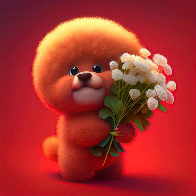fluffy cute puddle holding bouquet in colorful flower isolated warm background