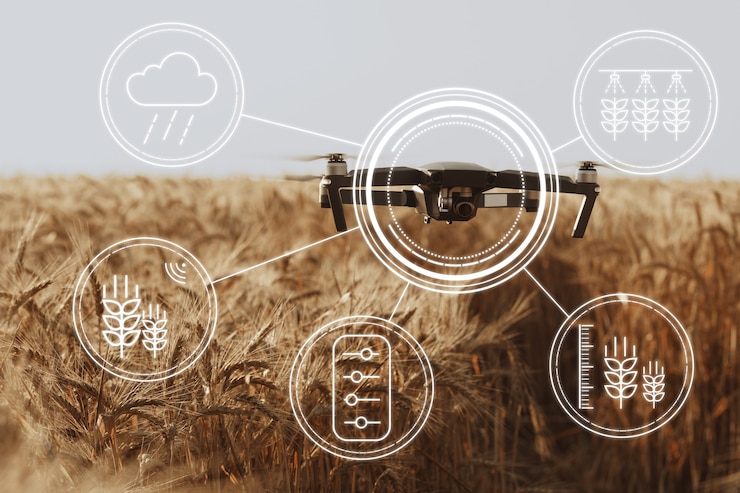 Foto flying drone above wheat field agricultural and technology innovations concept