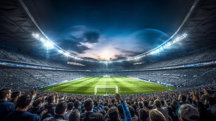 Foto football stadium full of fans at night bright spotlight