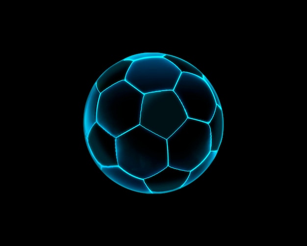 Fotball med futuristiske blå glødende neonlys på en mørk bakgrunn, bredt bilde, 3D-rendering