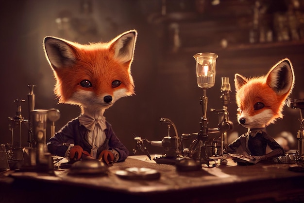 fox in his laboratory 3d illustration, tim burton style, illustration for children's stories