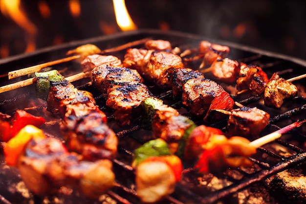 Fragrant grilled beef shishkabob on skewer with grilled vegetables