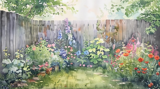 Fredelig hage med fargerike blomster og frodig grønt under mykt sollys, avgrenset av et tregjerde