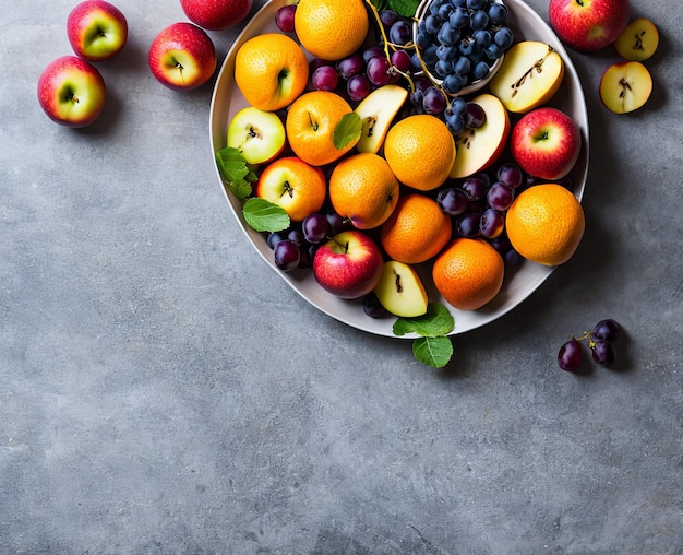 fresh fruits and berries on a dark background top view free space for your text