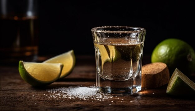 fresh tequila cocktail with lime and citrus fruit on wooden table generated by artificial intelligence